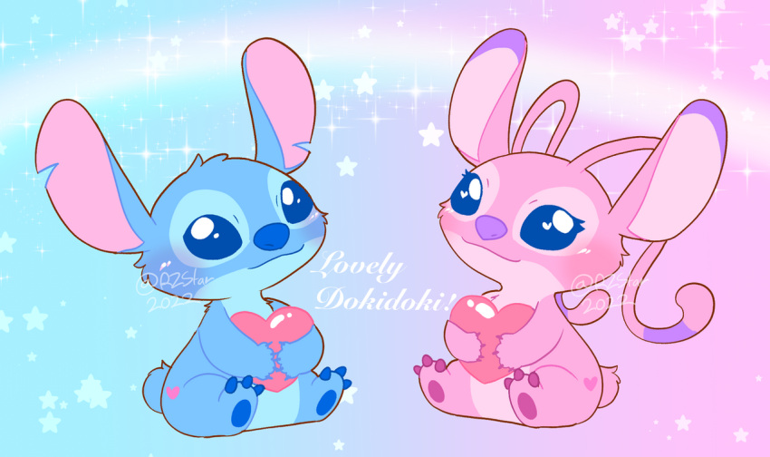 &lt;3 2022 3_toes 4_fingers alien ambiguous_gender angel_(lilo_and_stitch) antennae_(anatomy) antennae_markings blue_body blue_claws blue_eyes blue_fur blue_nose blue_pawpads blush cheek_tuft claws digital_drawing_(artwork) digital_media_(artwork) disney duo ear_markings english_text experiment_(lilo_and_stitch) eyelashes facial_markings facial_tuft feet female_(lore) fingers fur gradient_background head_markings head_tuft holding_heart holidays lilo_and_stitch looking_at_viewer male_(lore) markings notched_ear pawpads pink_body pink_fur purple_claws purple_markings purple_nose purple_pawpads rainbow rzstar simple_background sitting small_tail star stitch_(lilo_and_stitch) text toes tuft valentine's_day watermark