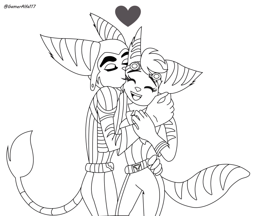 embrace female gameralfa117 hi_res hug kissing kissing_neck kissing_pov lombax male male/female mammal monochrome ratchet ratchet_and_clank rivet_(ratchet_and_clank) romantic romantic_ambiance romantic_couple sony_corporation sony_interactive_entertainment video_games