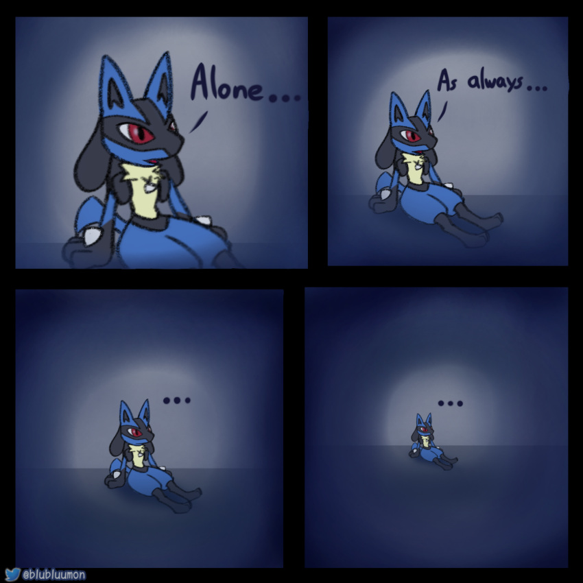 4_panel_comic anthro black_body black_fur blubluumon blue_body blue_fur darkness dialogue feral fur grey_background hi_res lucario male nintendo paws pok&eacute;mon pok&eacute;mon_(species) red_eyes simple_background sitting solo spikes talking_to_self video_games yellow_body yellow_fur