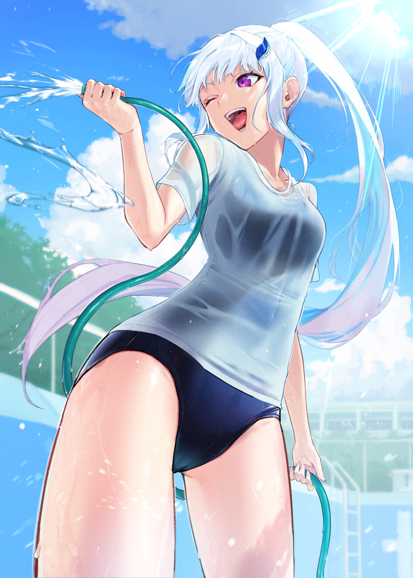 1girl absurdres alternate_costume blue_hair blue_sky blue_swimsuit breasts cloud cloudy_sky colored_inner_hair commentary cowboy_shot crotch_seam empty_pool from_below hair_ornament half_updo highres holding holding_hose hose ladder light_rays lize_helesta long_hair medium_breasts multicolored_hair nijisanji one-piece_swimsuit one_eye_closed open_mouth ponytail pool purple_eyes school_swimsuit see-through shirt short_sleeves sidelocks silver_hair sky smile solo spraying standing sunlight swimsuit swimsuit_under_clothes t-shirt teeth thighs tongue tree two-tone_hair virtual_youtuber water wet wet_clothes wet_shirt white_shirt zelo6