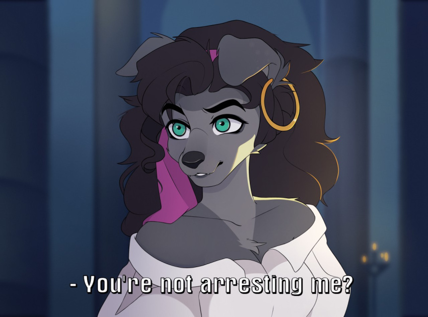 2020 anthro anthrofied canid canine canis clothed clothing detailed_background dialogue domestic_dog ear_piercing ear_ring english_text esmeralda_(disney) female floppy_ears fur grey_body grey_fur luryry mammal piercing redraw solo text the_hunchback_of_notre_dame