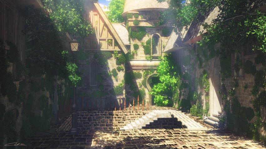 3d artist_name commentary_request day highres ivy lamppost light_rays no_humans original outdoors scenery signature stairs sunlight waisshu_(sougyokyuu) window