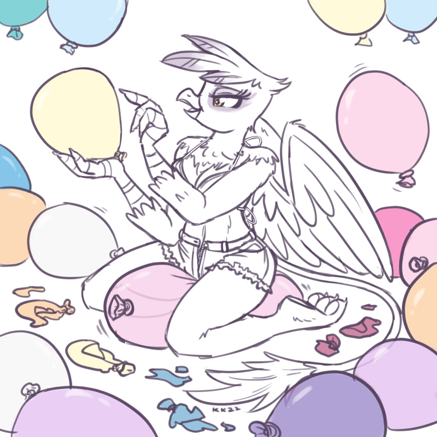 2022 anthro avian balloon balloon_popping beak bikini bikini_top breasts chest_tuft clothing eyebrows eyelashes feather_hair feathered_wings feathers female footwear friendship_is_magic gilda_(mlp) gryphon hi_res holding_object inflatable king-kakapo kneeling mary_janes my_little_pony mythological_avian mythology open_beak open_mouth pseudo_hair shoes shoulder_tuft sketch solo swimwear tail_tuft tuft wings yellow_eyes