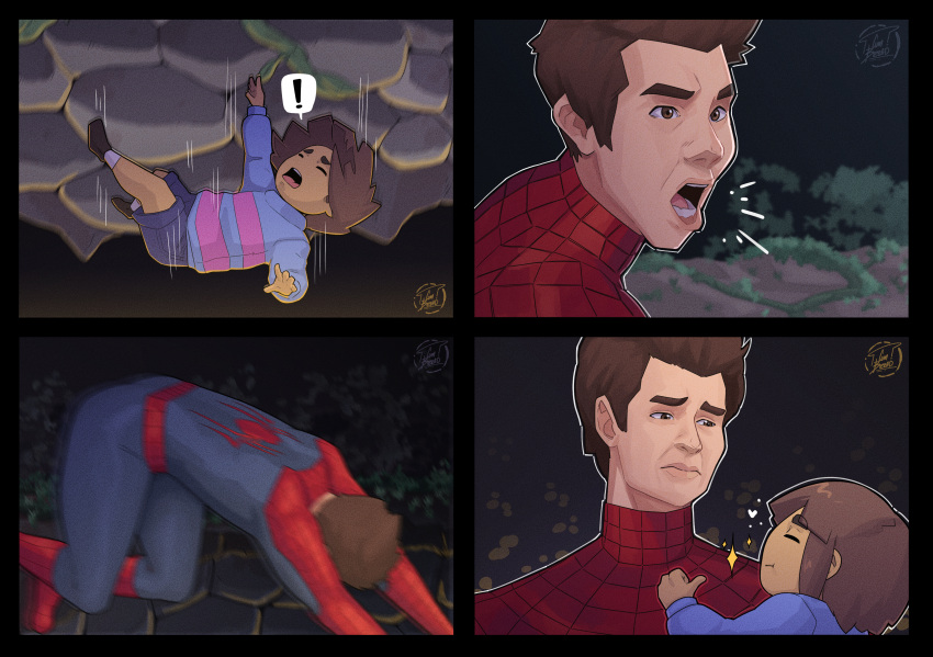 absurd_res cumbread duo falling frisk_(undertale) hi_res human jumping male male/male mammal marvel screaming spider-man_(series) undertale undertale_(series) video_games