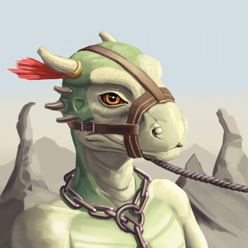 anthro argonian ash_(disambiguation) bdsm bethesda_softworks bondage bound buckle chain chain_collar choke_collar collar day feathers female green_body green_scales halter hi_res horn horn_jewelry horn_ring leather looking_at_viewer mitokep morrowind outside red_body red_feathers ring_(jewelry) rope scales scalie slave solo the_elder_scrolls video_games yellow_eyes