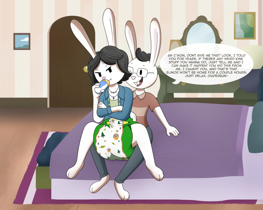 absurd_res anthro bottle_feeding cuddling daddy_kink diaper diaper_fetish duo elinor_wonders_why female hi_res imces infantilism lagomorph leporid male male/female mammal mr._rabbit rabbit ranger_rabbit