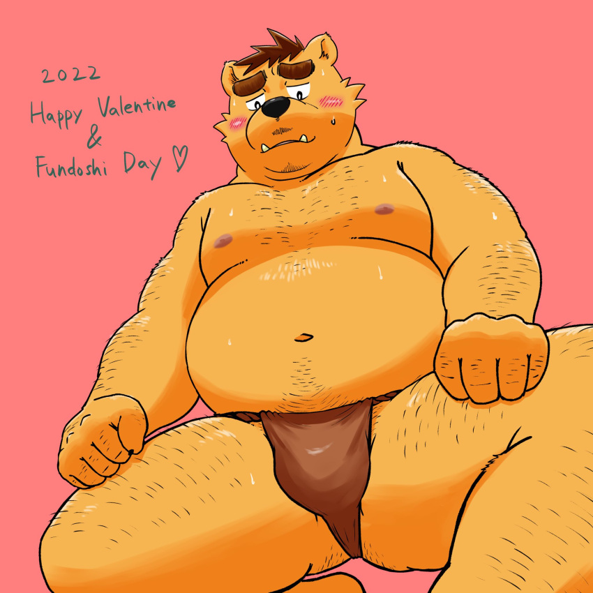 2022 anthro asian_clothing belly blush brown_clothing brown_fundoshi brown_underwear ch_ia_ki clothing cute_fangs east_asian_clothing english_text fundoshi fundoshi's_day hi_res holidays humanoid_hands japanese_clothing kemono male mammal moobs navel nipples overweight overweight_male pink_background simple_background solo text underwear ursid valentine's_day