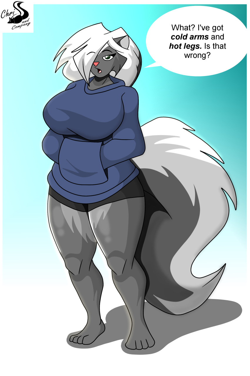 absurd_res anthro big_breasts breasts chrisandcompany clothing dialogue female hi_res hoodie huge_breasts kelsey_sienna mammal mephitid skunk solo topwear