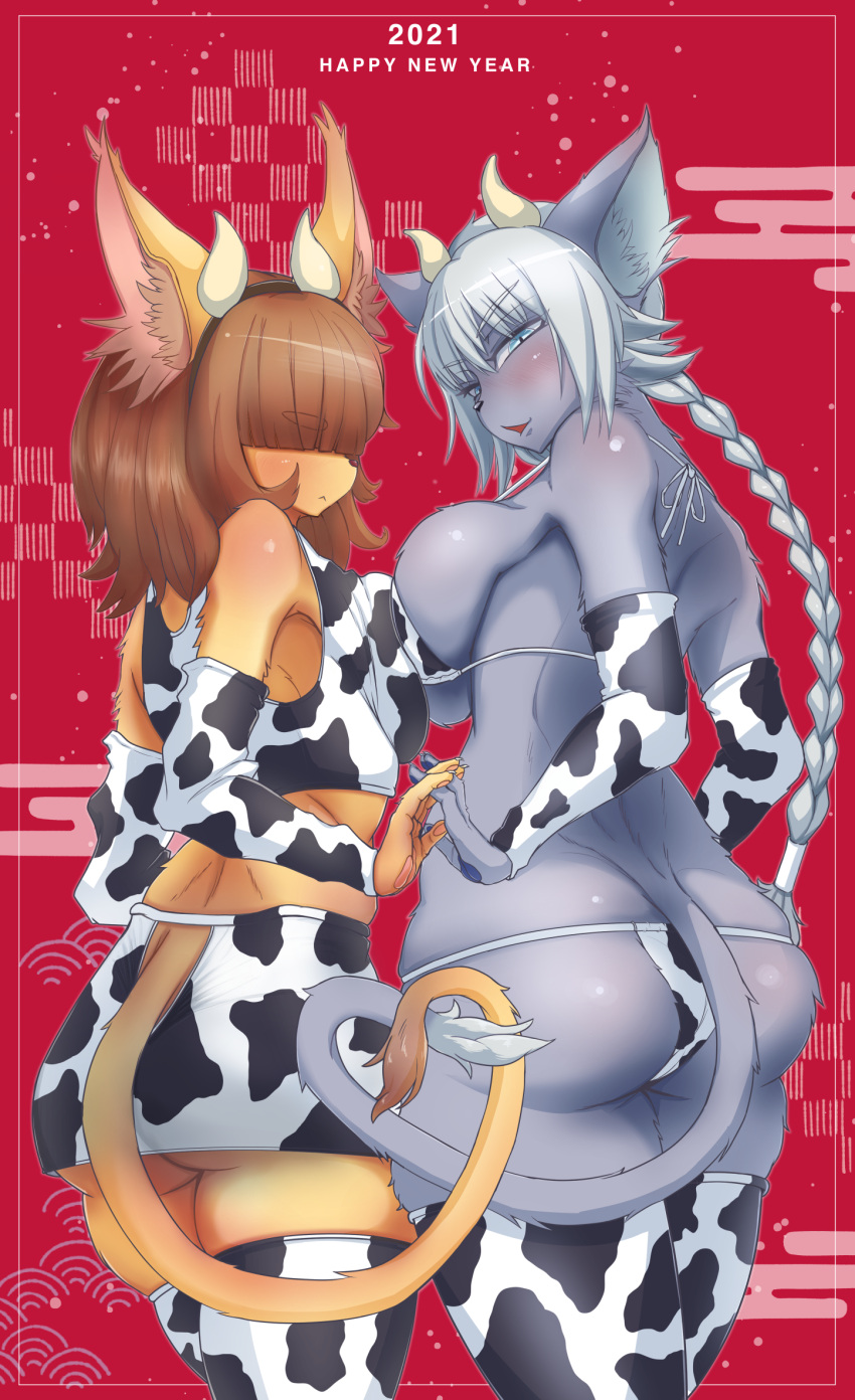 2021 5_fingers :&lt; accessory animal_print anthro bangs bare_shoulders big_breasts bikini black_nose blue_eyes blue_pawpads bottomwear braided_hair braided_ponytail breast_squish breasts breasts_frottage brown_body brown_fur brown_hair brown_nose brown_tail butt chikarasox claws clothing cow_print dipstick_tail domestic_cat duo felid feline felis female fingers fur gesture grey_body grey_fur grey_tail hair hair_accessory hair_over_eyes hairband hi_res holidays horn humanoid_hands inner_ear_fluff interlocked_fingers kemono legwear long_hair looking_back mammal markings miniskirt new_year open_mouth orange_body orange_fur pawpads pink_pawpads print_clothing purple_body purple_fur rear_view red_background silver_hair simple_background skindentation skirt squish swimwear tail_gesture tail_heart tail_markings tail_tuft tan_horn thigh_highs tuft two_tone_tail under_boob white_claws