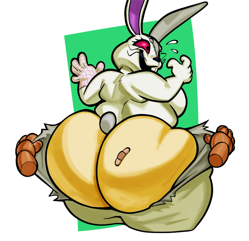 2022 anthro bandage belly big_belly big_butt butt clothing costume duo female five_nights_at_freddy's floating_hands freddy_(fnaf) hi_res huge_butt lagomorph leporid machine male male/female mammal nondelismell overweight overweight_female rabbit red_eyes robot scottgames simple_background standing torn_clothing ursid ursine vanny_(fnaf) video_games white_body