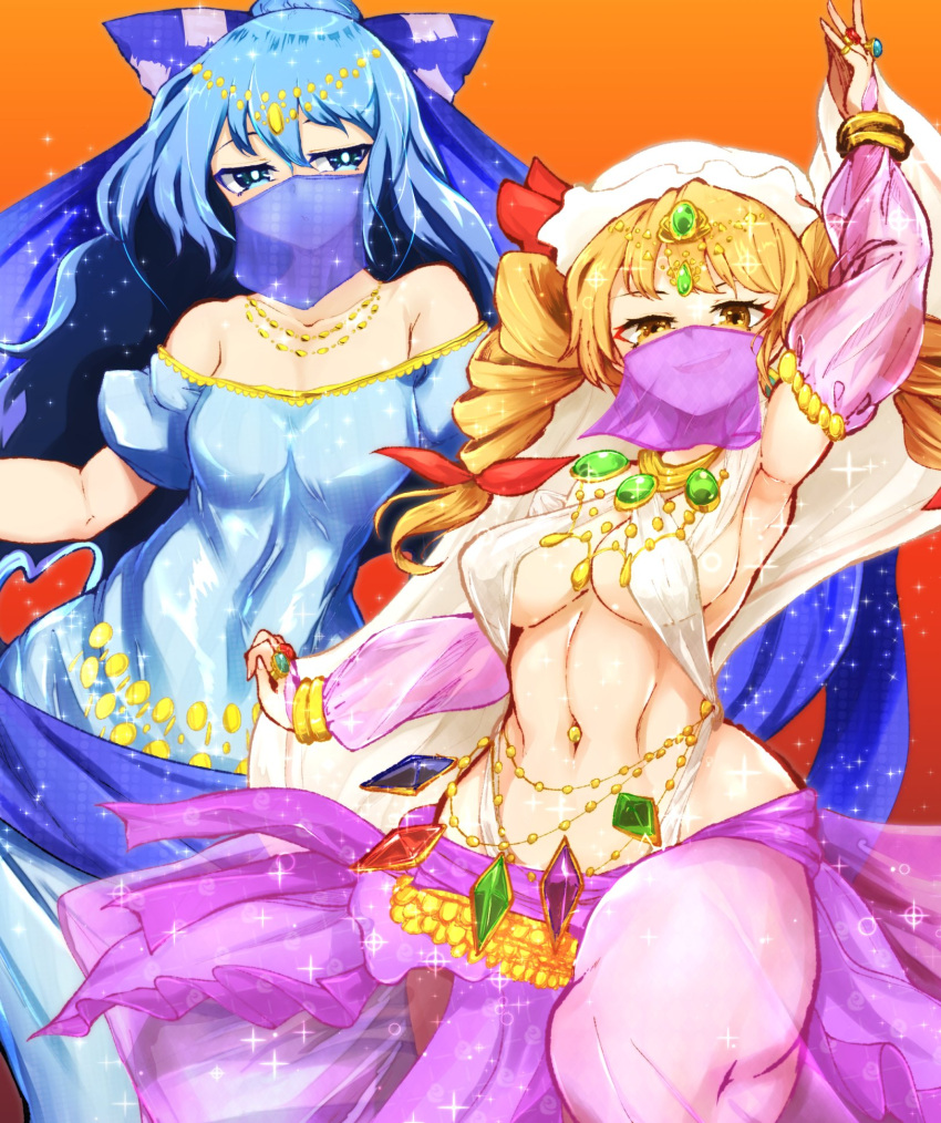 2girls alternate_costume arabian_clothes arm_up bangle bangs bare_shoulders blue_bow blue_eyes blue_hair blush bow bracelet breasts bright_pupils collarbone commentary_request covered_mouth dancer detached_sleeves drill_hair eyelashes fingernails gold_bracelet gold_trim hair_bow hat hat_bow highres jewelry long_hair looking_at_viewer looking_to_the_side medium_breasts medium_hair multiple_girls navel necklace no_bra orange_eyes orange_hair pandain ponytail puffy_sleeves red_bow ring see-through see-through_sleeves shiny shiny_hair siblings sideboob sidelocks sisters smile sparkle standing stomach thighs tiara touhou veil white_headwear white_pupils yorigami_jo'on yorigami_shion