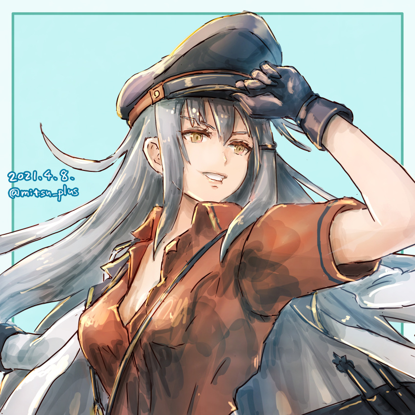 1girl absurdres black_gloves blue_background gangut_(kancolle) gloves grey_hair hat highres jacket jacket_on_shoulders kantai_collection long_hair mitsu_plus one-hour_drawing_challenge orange_eyes partially_unbuttoned peaked_cap red_shirt scar scar_on_cheek scar_on_face shirt short_sleeves solo upper_body white_jacket