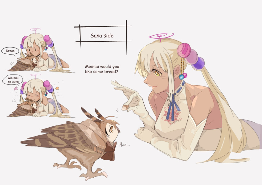 animalization bird blonde_hair bread dark-skinned_female dark_skin english_text feathers fongban_illust food hair_ornament hololive hololive_english limiter_(tsukumo_sana) long_hair nanashi_mumei nanashi_mumei_(owl) owl tsukumo_sana twintails virtual_youtuber yellow_eyes