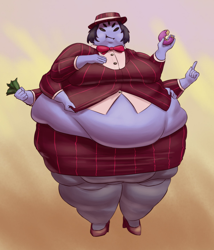 5_eyes 6_arms anthro arachnid arthropod belly big_belly big_breasts bite_mark black_hair bottomwear bow_tie breasts chubby_cheeks clothing cro-iba dessert dewlap_(anatomy) double_chin doughnut eating fangs female food front_view fupa hair hand_on_stomach hat headgear headwear hi_res high_heels holding_doughnut holding_food holding_money holding_object huge_breasts huge_thighs ineffective_clothing jacket money morbidly_obese morbidly_obese_anthro morbidly_obese_female muffet multi_arm multi_eye multi_limb non-mammal_breasts obese obese_anthro obese_female overweight overweight_anthro overweight_female pattern_clothing purple_body shirt short_hair simple_background skirt solo spider standing striped_clothing stripes thick_thighs tight_clothing tight_skirt tight_topwear topwear undershirt undertale undertale_(series) video_games wide_hips