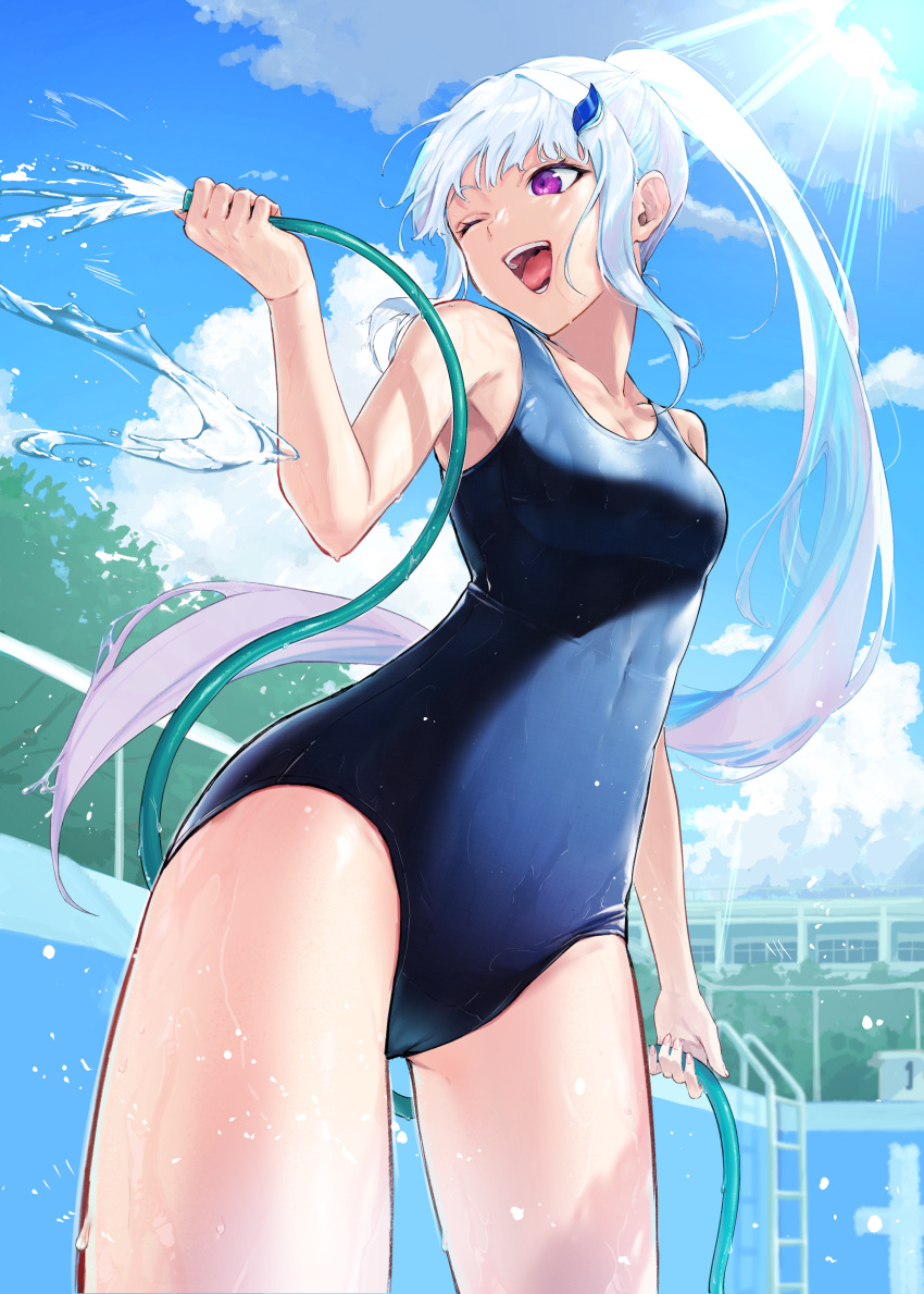 1girl absurdres alternate_costume blue_hair blue_sky blue_swimsuit breasts cleavage cloud cloudy_sky colored_inner_hair commentary covered_navel cowboy_shot crotch_seam empty_pool from_below hair_ornament half_updo highres holding holding_hose hose ladder light_rays lize_helesta long_hair medium_breasts multicolored_hair nijisanji one-piece_swimsuit one_eye_closed open_mouth ponytail pool purple_eyes school_swimsuit sidelocks silver_hair sky smile solo spraying standing sunlight swimsuit teeth thighs tongue tree two-tone_hair virtual_youtuber water wet zelo6