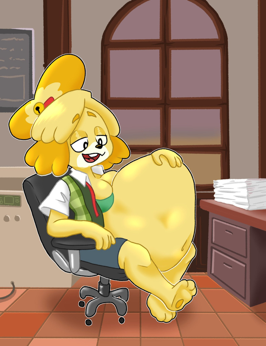 animal_crossing anthro belly bf-felz big_belly bottomwear bra breasts canid canine canis clothed clothing domestic_dog female female_pred half-closed_eyes hand_on_stomach hi_res inside isabelle_(animal_crossing) mammal medium_breasts narrowed_eyes navel nintendo office open_clothing open_mouth open_shirt open_topwear oral_vore pencil_skirt shih_tzu shirt sitting skirt solo topwear toy_dog underwear video_games vore