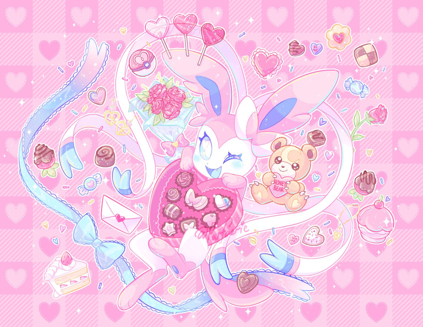 &lt;3 abstract_background ambiguous_gender blue_blush blue_eyes blue_pawpads blush bouquet box_of_chocolates brown_body brown_fur cake candy chocolate confetti dessert digital_media_(artwork) duo ear_bow eeveelution english_text envelope feral flower food fruit fur hi_res holding_object holidays lollipop love_ball mammal nintendo one_eye_closed open_mouth parfaerie pawpads pink_body pink_fur pink_theme plant pok&eacute;ball pok&eacute;mon pok&eacute;mon_(species) ribbons rose_(flower) signature smile solo solo_focus strawberry sylveon teddiursa text tongue ursid valentine's_day video_games watermark white_body white_fur wink