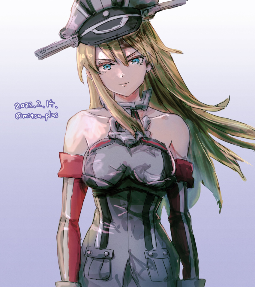 1girl absurdres anchor anchor_hair_ornament bare_shoulders bismarck_(kancolle) blonde_hair blue_background blue_eyes breasts cowboy_shot detached_sleeves gradient gradient_background hair_ornament hat highres kantai_collection large_breasts long_hair looking_at_viewer military military_hat military_uniform mitsu_plus peaked_cap uniform