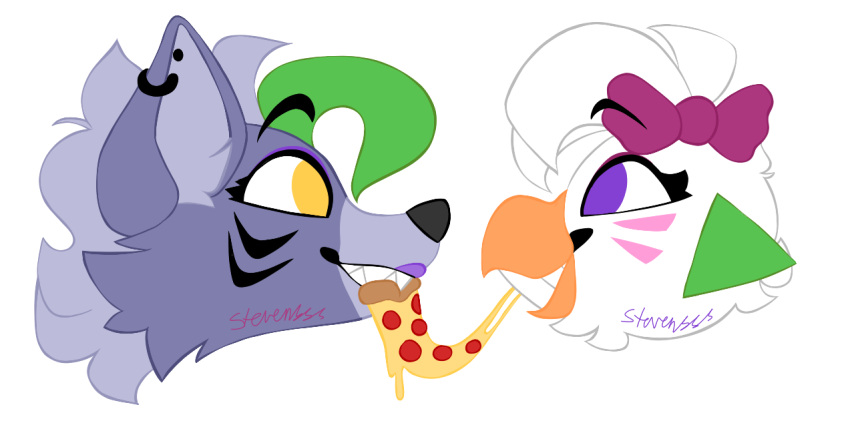 2022 accessory alpha_channel animatronic anthro avian beak bird canid canine canis chicken closed_mouth closed_smile digital_drawing_(artwork) digital_media_(artwork) duo ear_piercing ear_ring eating eye_contact eyeshadow feathers female female/female five_nights_at_freddy's five_nights_at_freddy's:_security_breach food fur galliform gallus_(genus) glamrock_chica_(fnaf) green_highlights grey_body grey_fur grey_hair hair hair_accessory hair_ribbon head_feathers highlights_(coloring) lipstick looking_at_another machine makeup mammal phasianid piercing pink_eyeshadow pizza purple_eyes purple_eyeshadow ribbons robot roxanne_wolf_(fnaf) scottgames sharing_food sharp_teeth signature simple_background stevensss teeth transparent_background video_games white_body white_feathers wolf yellow_eyes