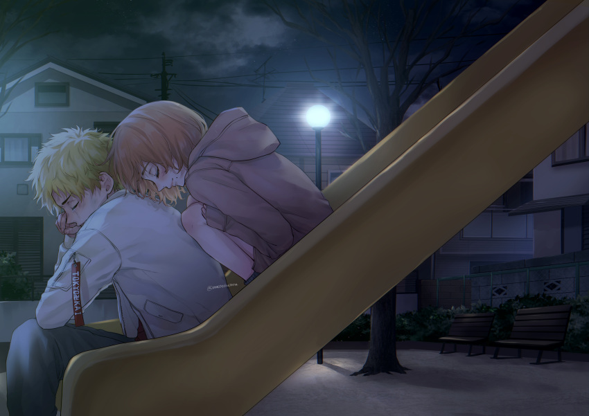 1boy 1girl absurdres bare_tree bench black_pants blonde_hair brown_jacket closed_eyes closed_mouth crying dark hanagaki_takemichi highres hood hood_down hoodie house jacket knees_up lamppost long_sleeves maco_(crea-0328) mole mole_under_mouth night orange_hair outdoors pants playground power_lines profile short_hair sitting sleeves_past_wrists slide smile tachibana_hinata_(tokyo_revengers) tokyo_revengers tree white_jacket