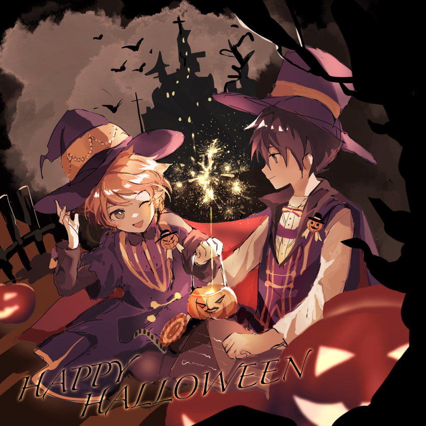 1boy 1girl absurdres ahoge akirarec bare_tree bat black_eyes black_hair book bright_pupils bucket cape castle closed_eyes cloud dress emma_(yakusoku_no_neverland) english_text fence fireworks green_eyes halloween halloween_bucket hat highres holding holding_bucket jack-o'-lantern long_sleeves looking_at_another open_mouth orange_hair outdoors purple_dress purple_headwear purple_vest ray_(yakusoku_no_neverland) shirt short_hair smile sparkler top_hat tree vest white_pupils white_shirt witch_hat yakusoku_no_neverland