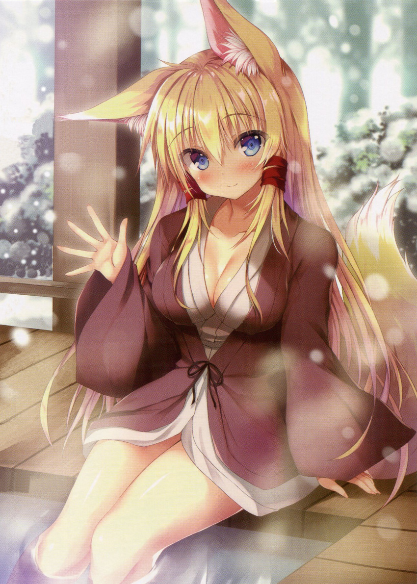 1girl animal_ear_fluff animal_ears bangs blue_eyes breasts cleavage eyebrows_visible_through_hair fox_ears fox_girl fox_tail grey_hair hair_between_eyes hair_over_breasts hand_up highres japanese_clothes kotone_(tateha) large_breasts long_hair looking_at_viewer onsen original photoshop_(medium) ribbon robe scan smile snow solo tail tateha_(marvelous_grace) thighs tied_hair winter