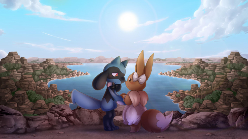accessory blush bow_tie bracelet clothing cloud dress duo eevee female feral hair_accessory hair_bow hair_ribbon half_lidded_eyes hand_holding hi_res holding_paws jewelry lake landscape legendkairi male male/female nintendo plant pok&eacute;mon pok&eacute;mon_(species) pok&eacute;mon_mystery_dungeon ribbons riolu rock sun video_games