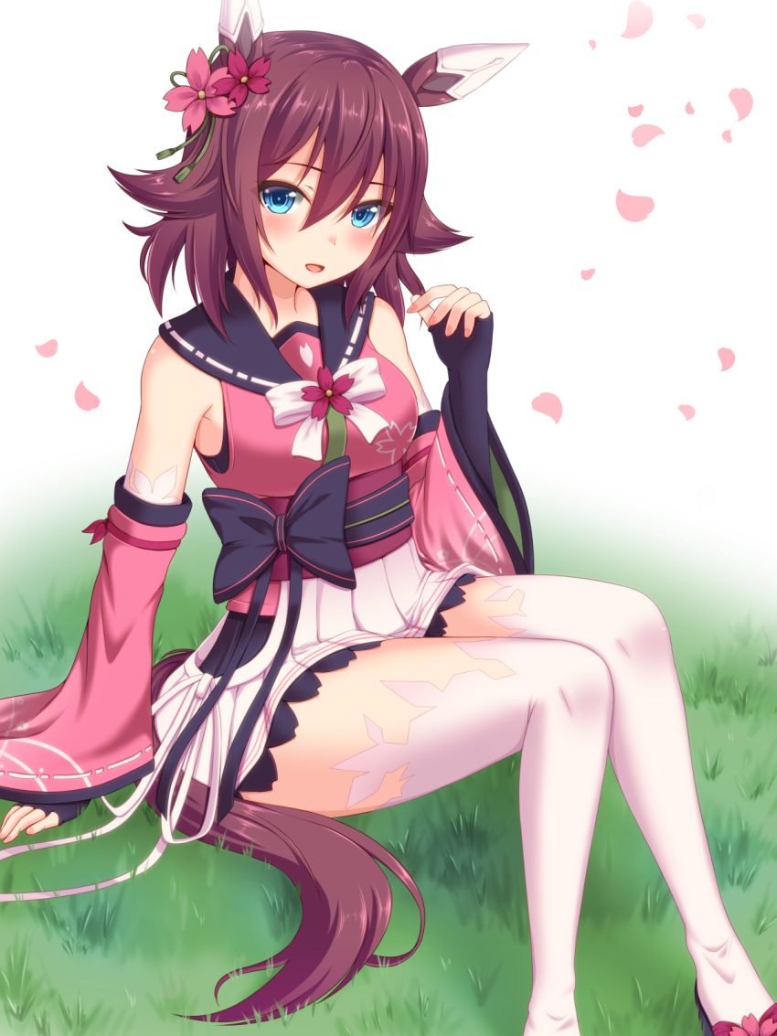 1girl :d animal_ears bangs bare_shoulders black_gloves blue_eyes blush breasts brown_hair commentary_request detached_sleeves eyebrows_visible_through_hair feet_out_of_frame fingerless_gloves flower gloves hair_between_eyes hair_flower hair_ornament hanazome_dotera hand_up highres horse_ears horse_girl horse_tail japanese_clothes kimono knees_together_feet_apart knees_up long_sleeves looking_at_viewer medium_breasts nail_polish petals pink_flower pink_kimono pink_nails pink_sleeves pleated_skirt red_flower sakura_chiyono_o_(umamusume) skirt sleeveless sleeveless_kimono smile solo tail thighhighs umamusume white_legwear white_skirt wide_sleeves