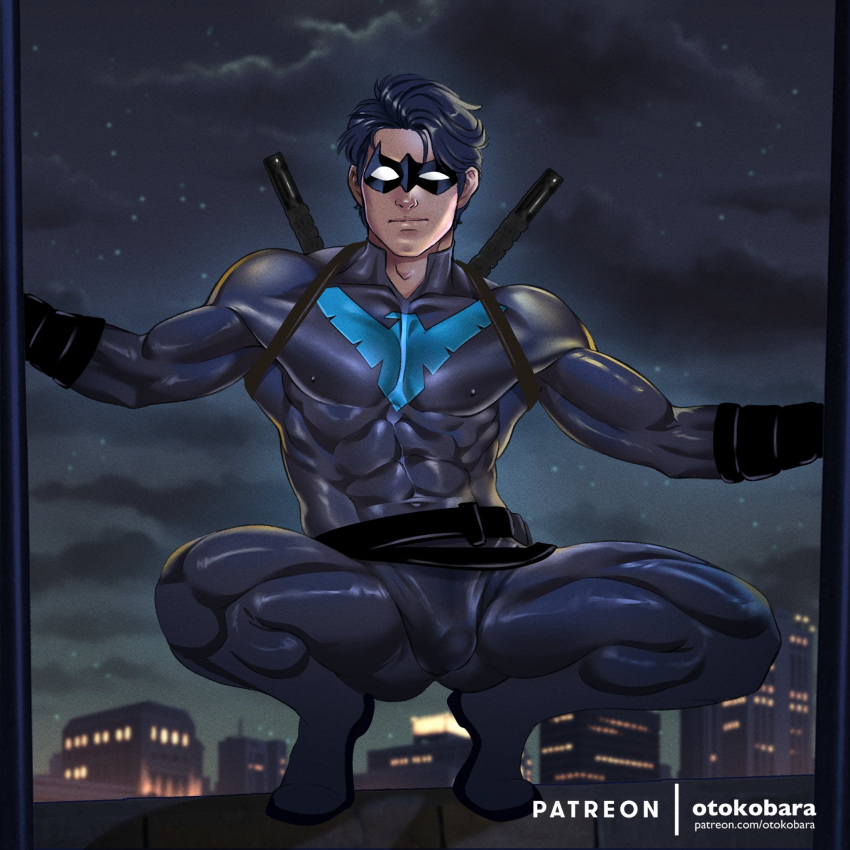 1boy artist_name bara batman_(series) belt black_belt black_bodysuit black_gloves black_hair blue_bodysuit bodysuit bulge closed_mouth covered_abs covered_nipples dc_comics dick_grayson domino_mask gloves highres large_pectorals looking_at_viewer male_focus mask muscular muscular_male night night_sky nightwing otokobara outdoors patreon_username pectorals reward_available short_hair sky solo squatting taut_bodysuit taut_clothes thick_thighs thighs two-tone_bodysuit weapon weapon_on_back