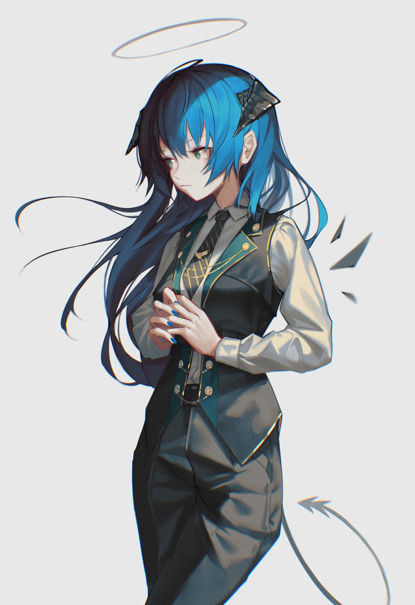 1girl alternate_costume arknights black_necktie black_pants black_vest black_wings blue_eyes blue_hair blue_nails collared_shirt commentary cowboy_shot dark_halo demon_girl demon_horns demon_tail detached_wings dress_shirt energy_wings floating_hair formal grey_background highres horns long_hair looking_to_the_side mostima_(arknights) necktie open_clothes open_vest pants shirt simple_background solo symbol-only_commentary tail veilrain vest white_shirt wings