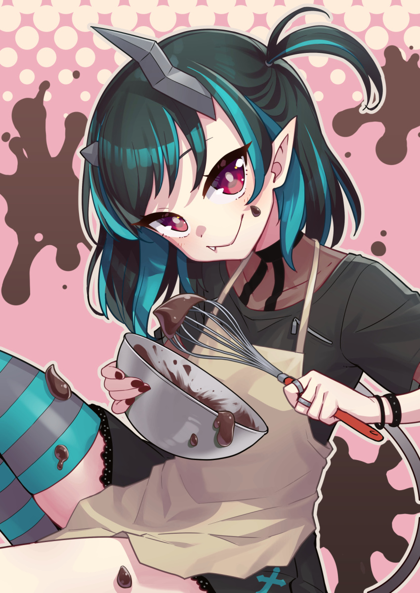 1girl apron bangs black_dress black_hair blue_hair blue_legwear blush brown_apron chocolate closed_mouth commentary_request demon_girl demon_horns demon_tail dress fang fang_out feet_out_of_frame flat_chest grey_legwear head_tilt heebee highres horns looking_at_viewer medium_hair multicolored_hair pink_background pointy_ears red_eyes shishio_chris side_ponytail smile solo striped striped_legwear sugar_lyric tail two-tone_hair virtual_youtuber whisk