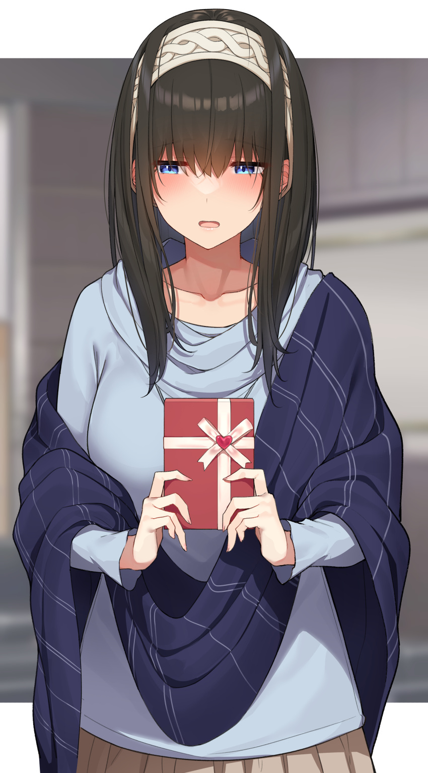 1girl absurdres bangs beige_skirt black_hair blue_eyes blue_sweater blush box breasts gift gift_box go-1 hairband highres idolmaster idolmaster_cinderella_girls large_breasts long_hair long_sleeves open_mouth sagisawa_fumika shawl solo sweater