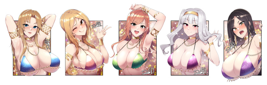 5girls :d absurdres arisugawa_natsuha arm_up armlet armpits arms_up bikini blush bracelet breasts cleavage collage collarbone column_lineup framed gold_choker highres huge_breasts idolmaster idolmaster_(classic) idolmaster_cinderella_girls idolmaster_million_live! idolmaster_shiny_colors jewelry large_breasts looking_at_viewer matsumoto_sarina momose_rio mukai_takumi multiple_girls out_of_frame outside_border shijou_takane sian simple_background smile sparkle swimsuit upper_body