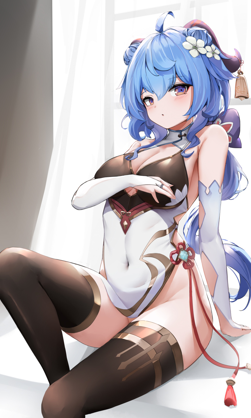 1girl :o absurdres ahoge bare_shoulders bell berserker_r blue_hair bodystocking breasts bridal_gauntlets brown_legwear chinese_clothes cleavage covered_navel curled_horns curtains flower flower_knot ganyu_(genshin_impact) genshin_impact goat_horns gold_trim hair_flower hair_ornament highres horns large_breasts long_hair looking_at_viewer navel pelvic_curtain qingxin_flower revision sitting solo thighhighs thighlet thighs vision_(genshin_impact) window yellow_eyes