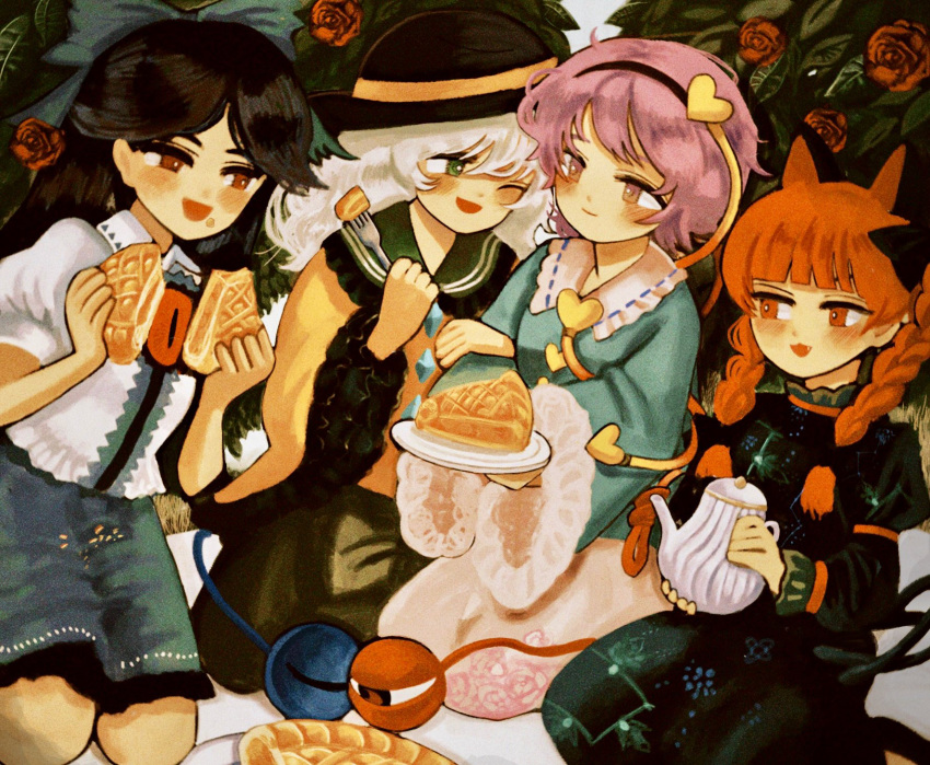 4girls :d animal_ears bangs black_hair black_hairband black_headwear blouse blue_blouse blunt_bangs blush bow braid bright_pupils brown_eyes buttons cat_ears cat_tail closed_mouth collared_shirt commentary commission diamond_button dress eating extra_ears eyebrows_behind_hair fang floral_print flower food food_on_face fork frilled_shirt_collar frilled_skirt frilled_sleeves frills green_bow green_dress green_eyes green_skirt hair_between_eyes hair_bow hair_ornament hairband happy hat hat_ribbon heads_together heart heart_button heart_hair_ornament hell0120 highres holding holding_food holding_fork holding_plate holding_teapot juliet_sleeves kaenbyou_rin kneeling komeiji_koishi komeiji_satori leaf leaning_on_person locked_arms long_hair long_sleeves looking_at_another medium_hair multiple_girls multiple_tails nekomata one_eye_closed open_mouth parted_bangs picnic pie pink_eyes pink_hair pink_skirt plate puffy_short_sleeves puffy_sleeves red_bow red_eyes red_flower red_hair red_rose reiuji_utsuho ribbon ribbon_trim rose rose_print shirt short_hair short_sleeves silver_hair skeb_commission skirt smile tail teapot third_eye touhou twin_braids two_tails wavy_hair white_pupils white_shirt wide_sleeves yellow_blouse yellow_ribbon