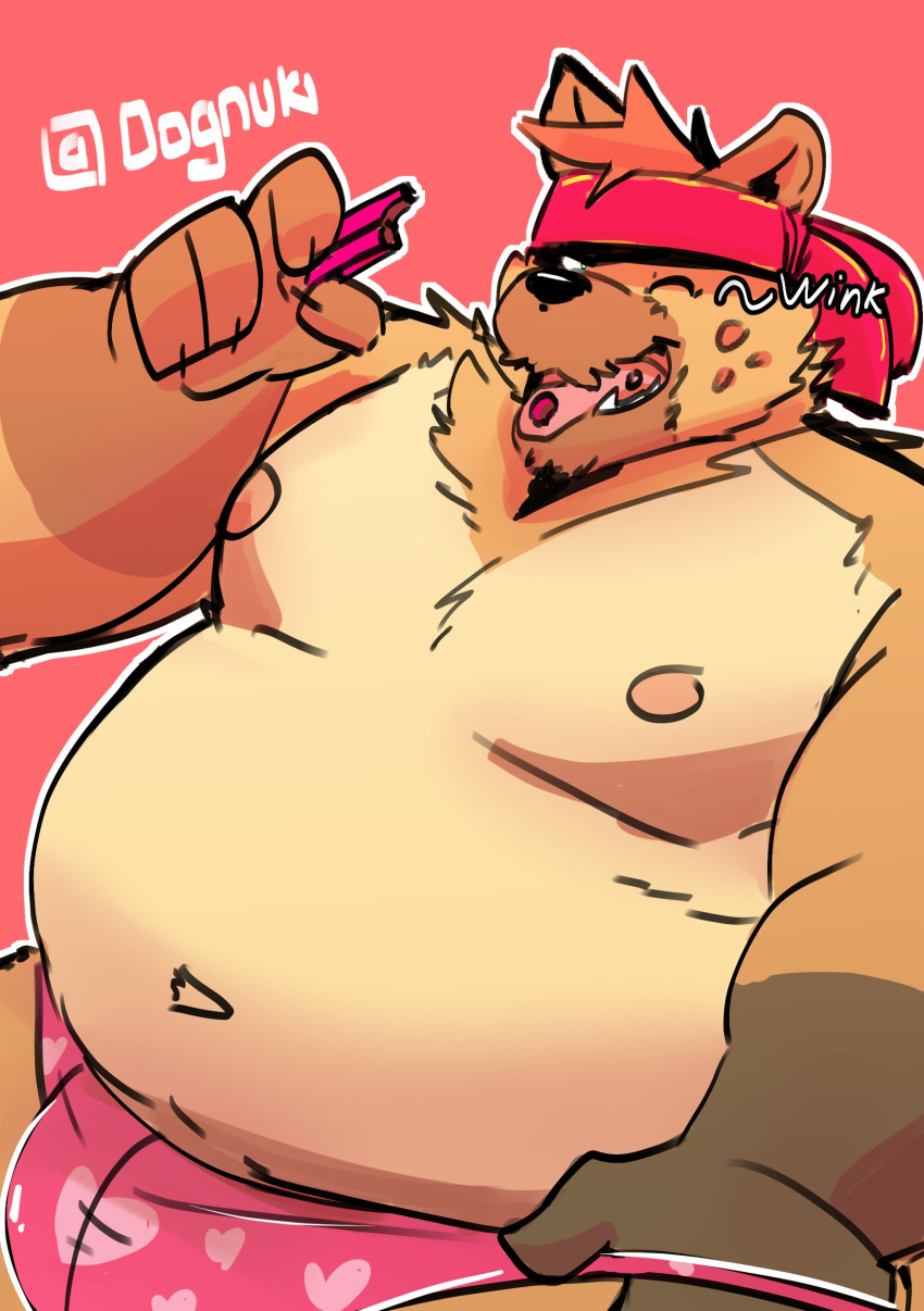 &lt;3 2022 absurd_res anthro belly black_nose brown_body bulge candy chocolate clothing dessert eating food heart_underwear hi_res holidays humanoid_hands hyaenid kemono male mammal moobs navel nipples overweight overweight_male realiron_(artist) solo spotted_hyena underwear valentine's_day