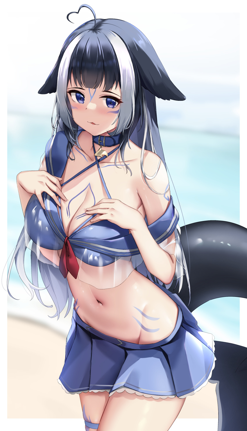 1girl absurdres ahoge animal_ears arm_tattoo bangs bikini blue_bikini blue_collar blue_eyes blue_sailor_collar blue_skirt breast_tattoo breasts cleavage collar commentary cowboy_shot criss-cross_halter facial_mark groin halterneck hands_on_own_chest heart_ahoge highres indie_virtual_youtuber large_breasts long_hair looking_at_viewer multicolored_hair navel parted_lips pleated_skirt sailor_collar see-through shylily single_bare_shoulder skai_kun skirt solo standing stomach streaked_hair swimsuit tail tattoo thigh_strap very_long_hair virtual_youtuber