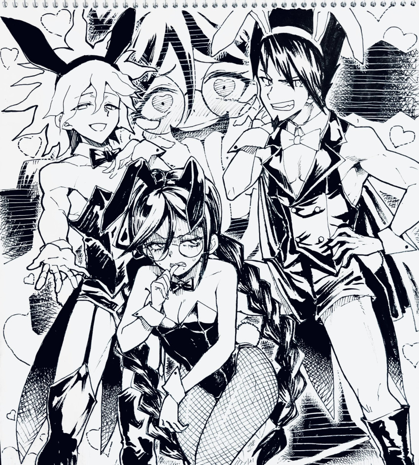 1girl 2boys :d animal_ears annoyed bangs bare_shoulders blush bow bowtie breasts buttons cleavage danganronpa:_trigger_happy_havoc danganronpa_(series) danganronpa_2:_goodbye_despair danganronpa_v3:_killing_harmony detached_collar double-breasted fishnet_legwear fishnets fukawa_touko garter_straps genocider_shou glasses greyscale grin hair_between_eyes hand_up heart highres holding holding_clothes holding_jacket jacket komaeda_nagito male_focus male_playboy_bunny momota_kaito monochrome multiple_boys multiple_views pantyhose playboy_bunny rabbit_ears rabbit_tail round_eyewear shiny shiny_hair smile tail teeth thighhighs tongue tongue_out tsunemi_aosa wrist_cuffs