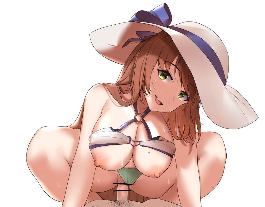 1boy 1girl bar_censor bikini_lift breasts brown_hair censored cleavage clothed_sex clothes_lift clothing_aside cowgirl_position eyebrows_visible_through_hair girls'_frontline green_eyes hat hat_ribbon hetero highres kaicchi large_breasts long_hair male_pubic_hair nipples official_alternate_costume pubic_hair ribbon smile springfield_(girls'_frontline) straddling swimsuit swimsuit_aside vaginal very_long_hair
