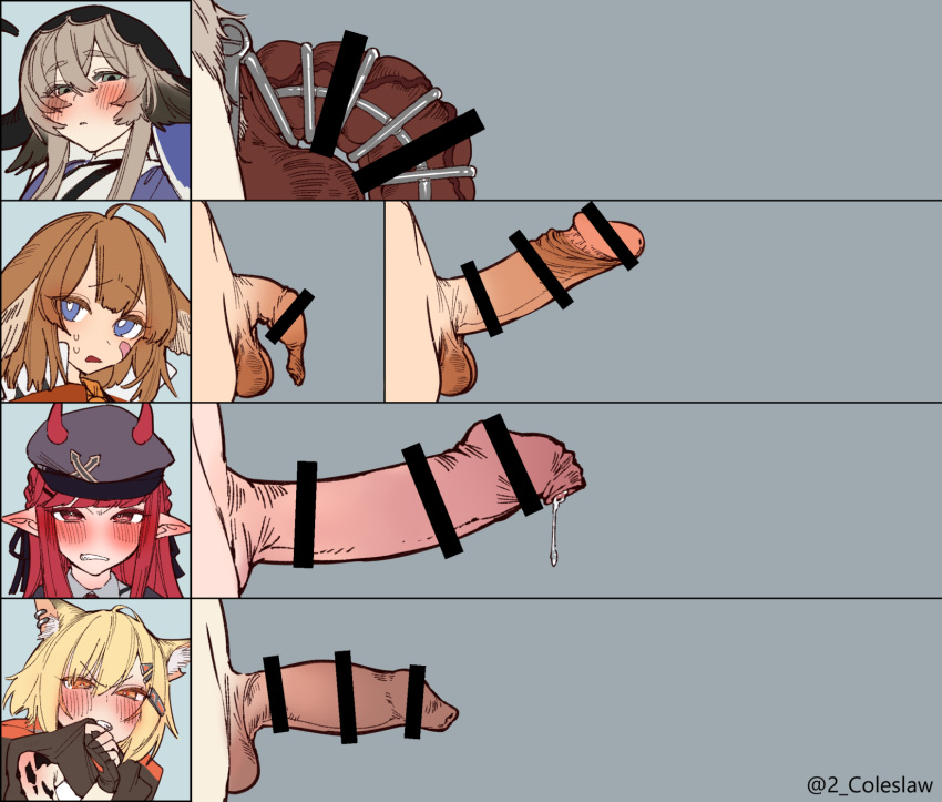 4girls aciddrop_(arknights) ahoge animal_ear_fluff animal_ears arknights bar_censor blue_eyes blush breasts brown_hair censored chastity_belt closed_mouth earrings erection eyebrows_visible_through_hair female_pubic_hair fingerless_gloves flaccid foreskin futanari gloves grey_background grey_hair hat highres horns horns_through_headwear huge_penis jewelry large_breasts long_hair looking_at_viewer mirin_chikuwa multiple_girls open_mouth orange_eyes penis penis_chart phimosis pointy_ears precum precum_drip pubic_hair red_eyes red_hair testicles veins veiny_penis vermeil_(arknights) vigna_(arknights)