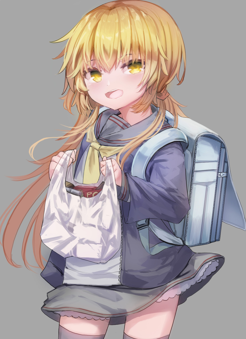 1girl absurdres backpack bag black_legwear black_sailor_collar black_skirt blonde_hair blue_jacket cowboy_shot grey_background groceries highres jacket kantai_collection logiclr long_hair looking_at_viewer neckerchief open_clothes open_jacket plastic_bag randoseru sailor_collar satsuki_(kancolle) satsuki_kai_ni_(kancolle) school_uniform simple_background skirt solo thighhighs twintails yellow_eyes yellow_neckerchief