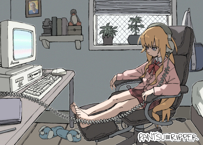 1girl :/ absurdres ahoge artist_logo bag bangs barefoot bed bird blinds blonde_hair blue_shirt book bow bowtie cardigan chair closed_mouth collared_shirt commentary commission computer crt desk dog_slippers english_commentary eyebrows_visible_through_hair framed_image full_body gabriel_dropout gabriel_tenma_white hair_between_eyes headphones highres indoors keyboard_(computer) linux long_hair long_sleeves looking_at_screen looking_at_viewer looking_to_the_side miniskirt mitsubishi_electric mouse_(computer) notebook office_chair pantsu-ripper pen penguin photo_inset pink_cardigan plaid plaid_skirt plant polo_shirt potted_plant purple_eyes qr_code real_life red_bow red_bowtie red_skirt school_bag shelf shirt sidelocks sitting skirt slippers smile solo terry_a_davis tux very_long_hair white_shirt window wing_collar wooden_floor