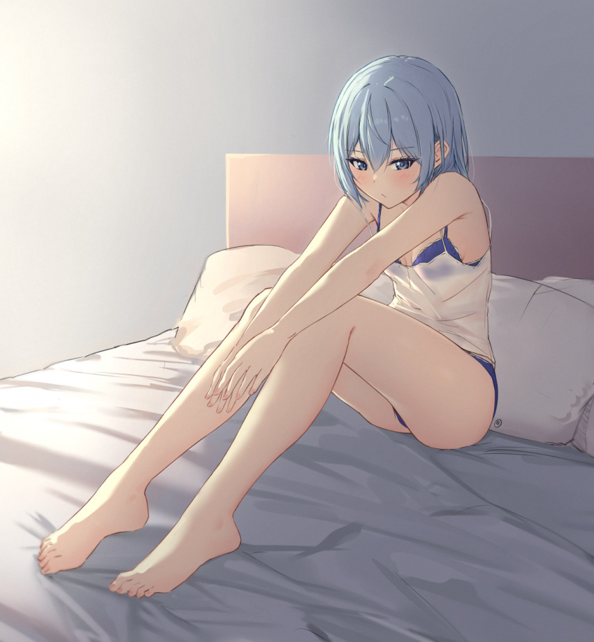 1girl bare_legs barefoot bed blue_bra blue_eyes blue_hair blue_panties blush bra breasts camisole envyvanity full_body highres hololive hoshimachi_suisei legs panties pillow see-through sitting small_breasts solo star-shaped_pupils star_(symbol) symbol-shaped_pupils underwear virtual_youtuber