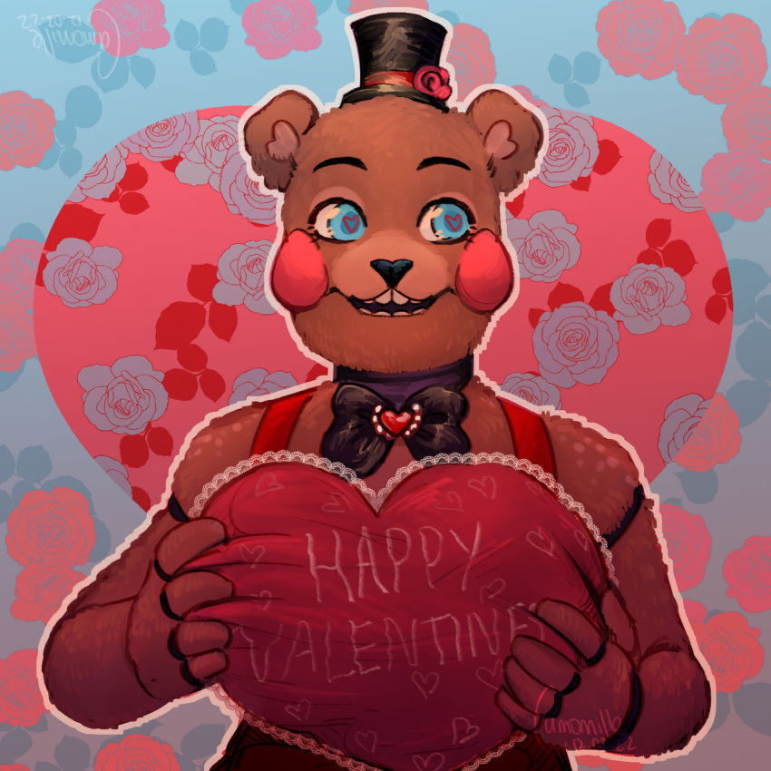 &lt;3 &lt;3_eyes 2022 animatronic anthro blue_eyes bow_tie brown_body brown_fur camo100le clothing detailed detailed_background digital_drawing_(artwork) digital_media_(artwork) five_nights_at_freddy's five_nights_at_freddy's_2 fur girly hat headgear headwear heart_nose hi_res holding_object holidays looking_aside machine male mammal open_mouth open_smile red_cheeks robot scottgames signature smile solo top_hat toy_freddy_(fnaf) ursid valentine's_day video_games