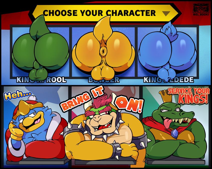 2022 absurd_res anthro anus avian backsack balls bird blue_body bowser butt clothing donkey_kong_(series) el_booki english_text genitals green_body group hat headgear headwear hi_res humanoid_hands king_dedede king_k._rool kirby_(series) koopa kremling male mario_bros nintendo overweight overweight_male penguin scalie text through_wall tongue tongue_out video_games