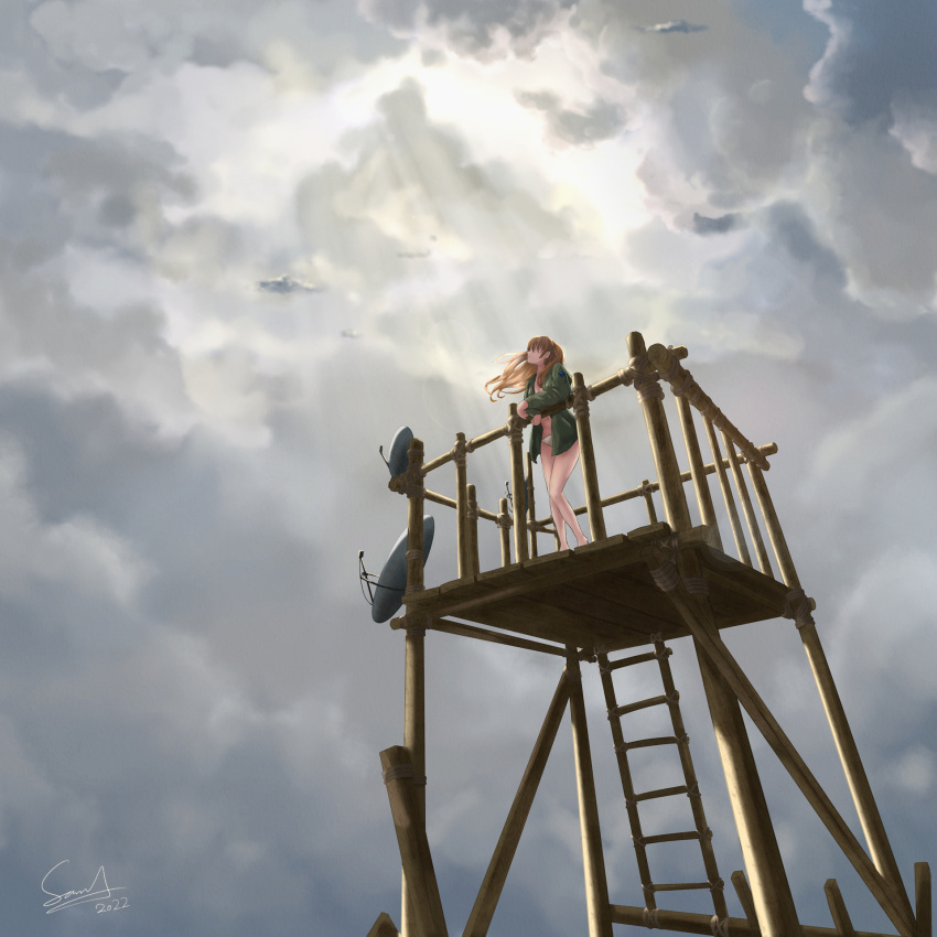 1girl akiranogo2000 brown_hair cloud cloudy_sky crossed_arms dated dutch_angle evangelion:_3.0+1.0_thrice_upon_a_time faceless faceless_female from_below green_jacket grey_sky highres jacket ladder leaning_on_rail light_rays long_hair navel neon_genesis_evangelion panties parted_lips rebuild_of_evangelion satellite_dish shoulder_patches signature sky solo souryuu_asuka_langley sunbeam sunlight two_side_up underwear white_panties wooden_deck wooden_railing