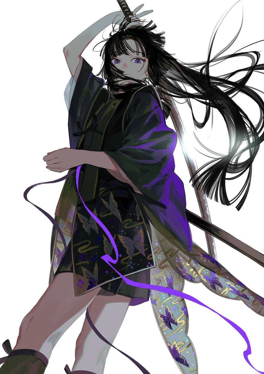 1boy absurdres animal_print arm_up bangs between_legs black_hair black_legwear black_shorts blunt_bangs blunt_ends butterfly_print commentary feet_out_of_frame from_below from_side hair_over_mouth highres holding holding_sword holding_weapon japanese_clothes katana kazari_tayu kneehighs light_particles long_hair long_sleeves looking_at_viewer looking_down male_focus original ponytail purple_eyes purple_ribbon ribbon scabbard see-through sheath shorts sidelocks simple_background solo standing straight_hair sword unsheathed very_long_hair weapon white_background