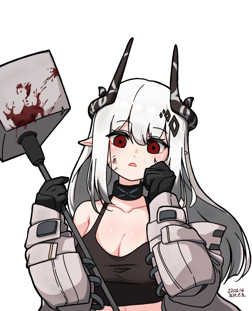 1girl arknights bangs bare_shoulders black_gloves blood blood_on_face blood_on_weapon blush breasts cleavage collarbone commentary_request dated densaneraa empty_eyes eyebrows_visible_through_hair gloves hammer hand_on_own_face highres holding holding_hammer holding_weapon horns infection_monitor_(arknights) korean_commentary large_breasts long_hair long_sleeves looking_at_viewer mudrock_(arknights) open_clothes open_mouth pointy_ears red_eyes signature silver_hair simple_background solo sports_bra upper_body weapon white_background