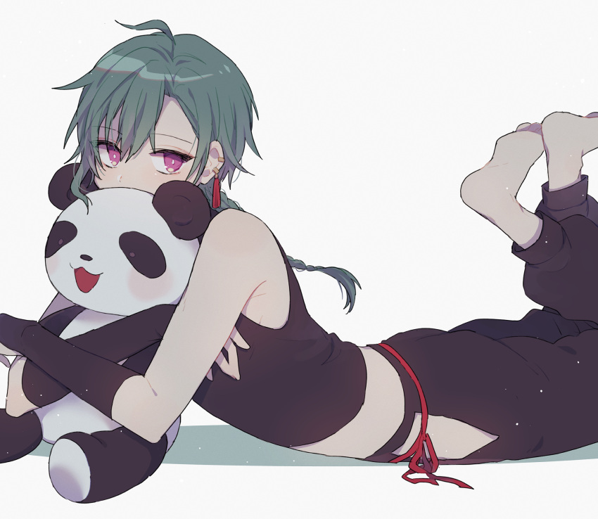 1other braid ear_piercing green_hair highres long_hair looking_to_the_side lying nekojiri nijisanji object_hug on_stomach pale_skin panda piercing purple_eyes ryuushen stuffed_animal stuffed_toy teddy_bear virtual_youtuber