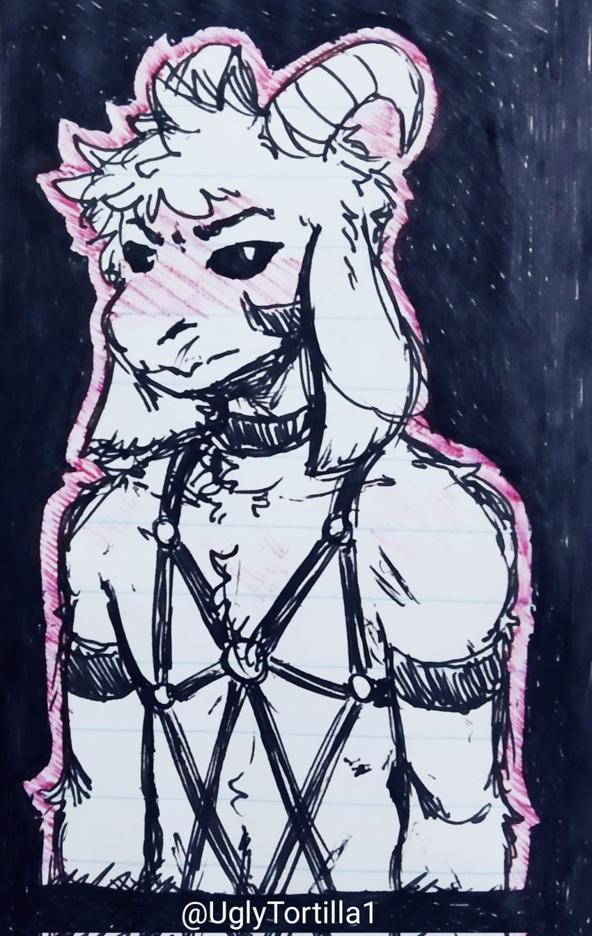 anthro asriel_dreemurr_(god_form) bdsm black_sclera bondage bound bovid caprine choker embarrassed floppy_ears goat hi_res jewelry long_ears looking_at_viewer male mammal necklace signature solo traditional_media_(artwork) ugly_tortilla undertale undertale_(series) video_games
